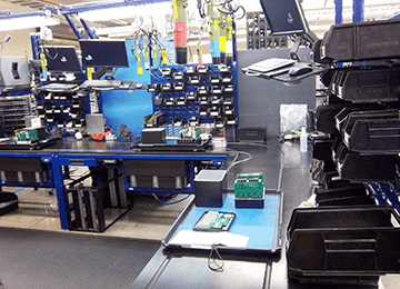 tech lab esd workbench assembly line with overhead lighting