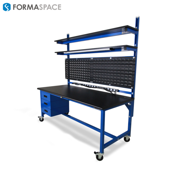 custom louvered panels on long workbench