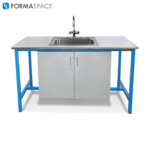 bench with lower gray laminate cabinets