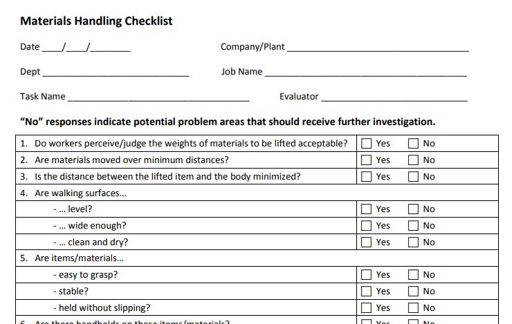 material handling checklist