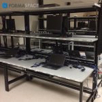 computer workstation with upper shelves