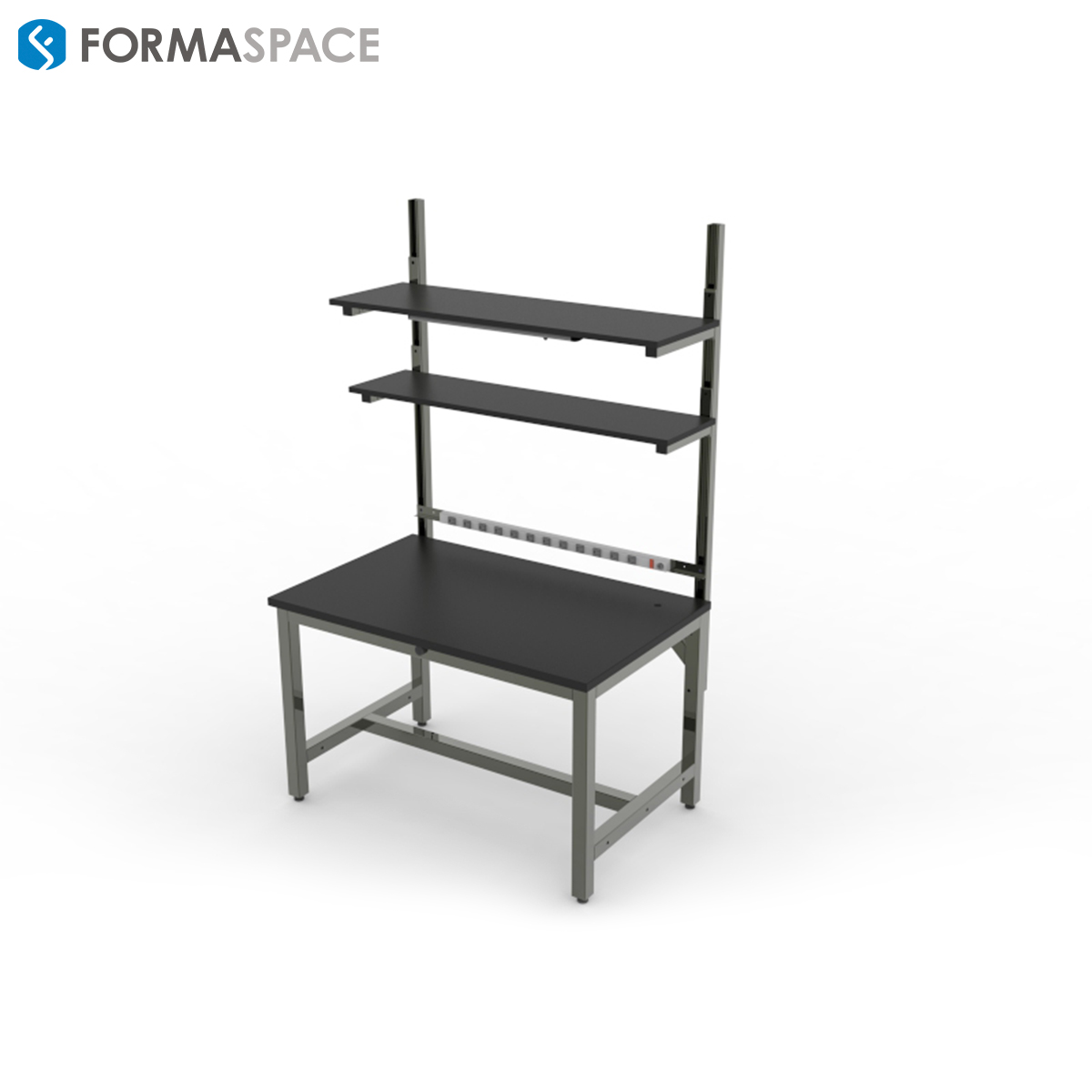 workbench with upper shelving in black and grey with electrical outlets