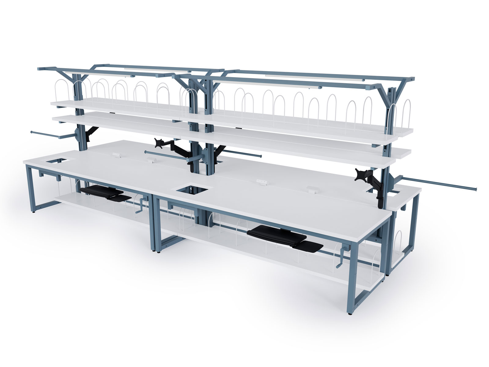 industrial material handling workstation with laminate top and blue frame