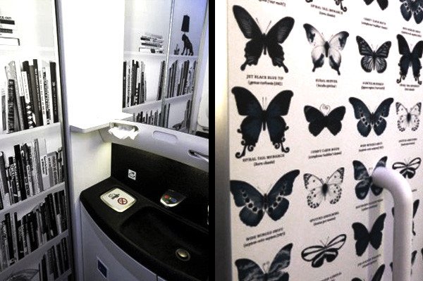 Supergraphics are back in vogue. Here humorous trompe-l'œil details printed on the wallboard panels aboard the Air New Zealand lavatory provide a welcome distraction from an otherwise uncomfortable claustrophobic environment. Supergraphics are back in vogue. Here humorous trompe-l'œil details printed on the wallboard panels aboard the Air New Zealand lavatory provide a welcome distraction from an otherwise uncomfortable claustrophobic environment.