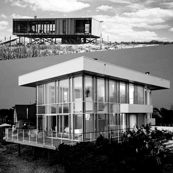 Richard Meier's iconic 1961 Lambert House on Fire Island New York contrasts with his 2014 commission for a new beach house design constructed in glass and steel in the International Style. Richard Meier's iconic 1961 Lambert House on Fire Island New York contrasts with his 2014 commission for a new beach house design constructed in glass and steel in the International Style.